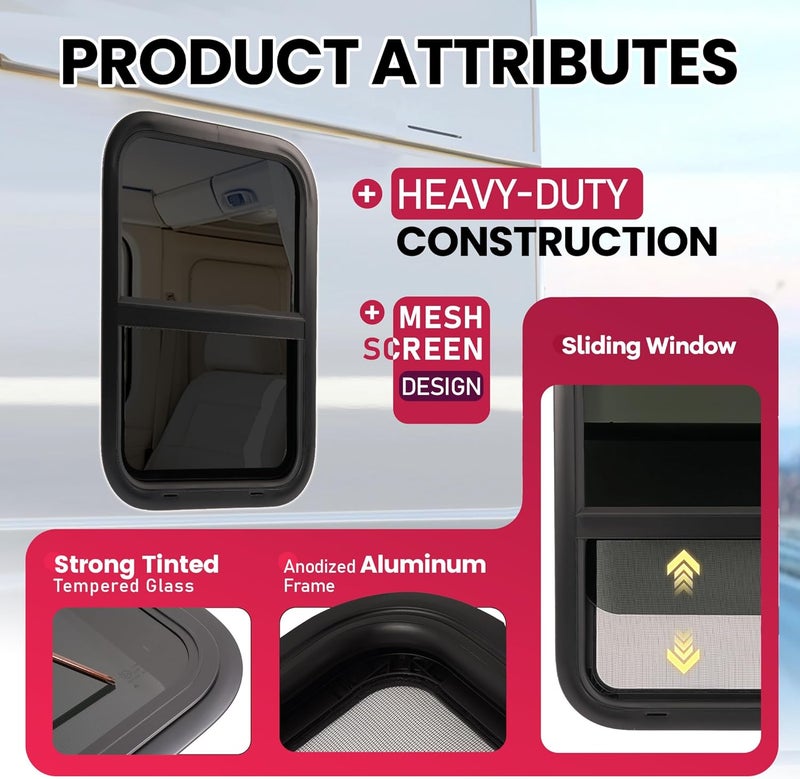 WUTIST RV Window 14" W x 22" H w/Trim Ring & Mesh Screen Vertical Slide Camper Teardrop Side Replacement Window Tented Tempered Glass Aluminium Plastic - Image 3